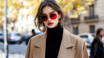 Stylish woman in red sunglasses and camel coat.