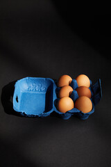 Brown Chicken egg on black background. Packaging. Free space.