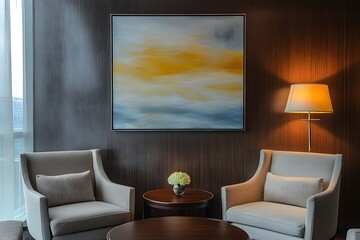 Cozy seating area with modern art and warm lighting for relaxation and conversation.