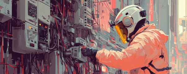 Urban worker in safety gear working on electrical cables, focused and diligent