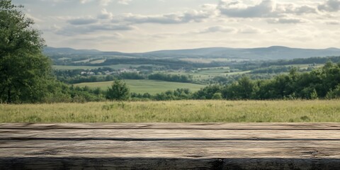 Green plain in far away landscape with wooden plank bench in foreground, cloudy weather sky