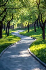 Naklejka premium Winding park path under blooming trees in spring light