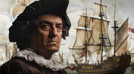 Christopher Columbus in front of his ship, with an overlay of sailing ships, commemorating Columbus Day and the discovery of America.
