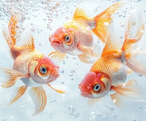 Fototapeta premium Three orange goldfish swim in clear water with bubbles.