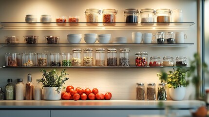 Contemporary builtin shelving unit open shelves made of glass supported brushed metal brackets Sleek handleless cabinets below provide hidden storage a monochromatic color palette of white and gray