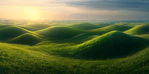 Obraz premium Green grass hills landscape view in daylight, fresh meadow natural beautiful scene