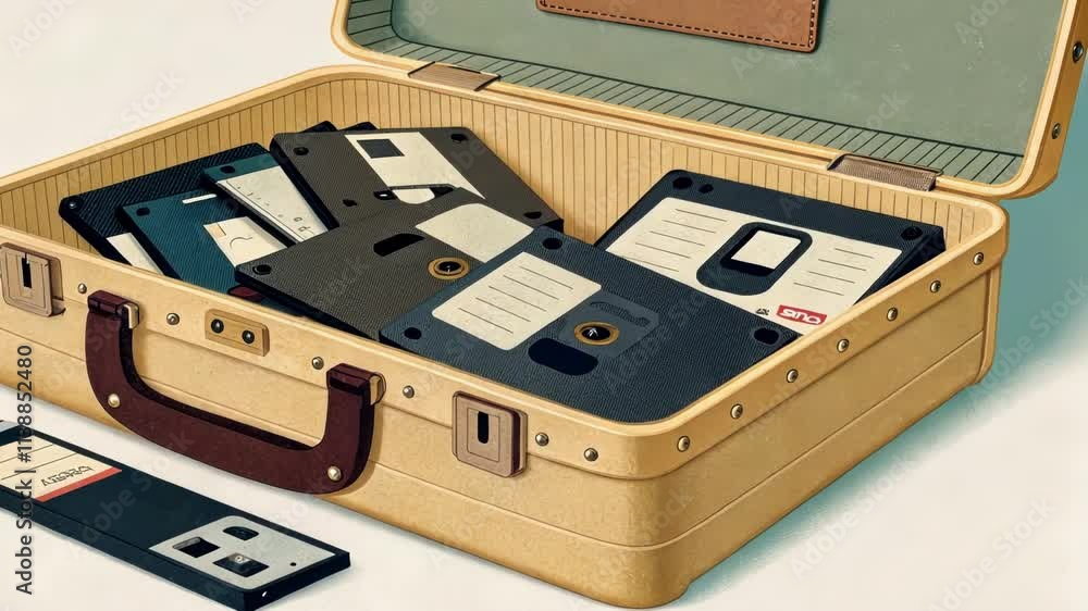 Aufkleber floppy disk wonderland the suitcase styled in a warm beige exudes nostalgia as it overflows with flo