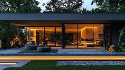 Contemporary doubledoor entrance with large glass inserts and smart lock technology captured at dusk with ambient lighting highlighting the clean modern lines of the design