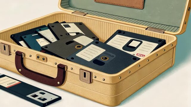 Floppy Disk Wonderland The suitcase styled in a warm beige exudes nostalgia as it overflows with floppy disks their pixel art textures glimmering softly evoking memories of dialup