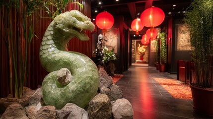 Fototapeta premium Jade Dragon Statue Adorns Asian Restaurant Entrance