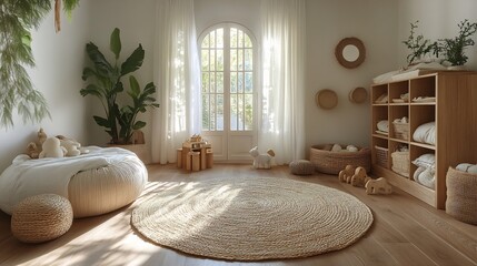 Ecofriendly nursery with sustainable wooden toys organic bedding and a natural fiber rug shot with ambient lighting to emphasize the ecofriendly elements