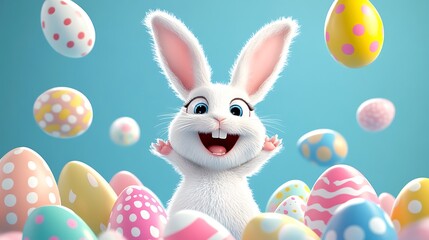 Fototapeta premium Cute little white bunny cartoon with easter eggs around him, happy rabbit easter eve new year gifts and happy vibe