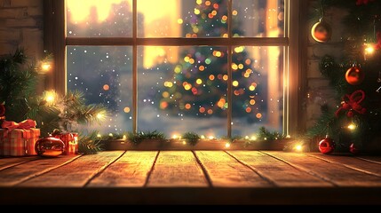Obraz premium Christmas theme interior room view over a wooden table to a window with snowy weather outside and pine decorated Christmas trees with shining lights