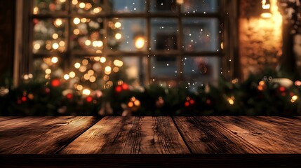 Christmas theme interior room view over a wooden table to a window with snowy weather outside and pine decorated Christmas trees with shining lights