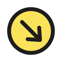 A simple yellow circular traffic or directional symbol featuring a black arrow pointing diagonally downward to the left.