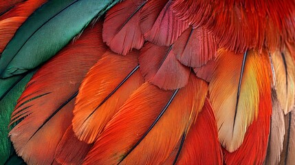 Fototapeta premium Close-up of vibrant red, orange, and green bird feathers.