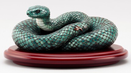 Fototapeta premium Intricate Green Serpent Sculpture on Wooden Base