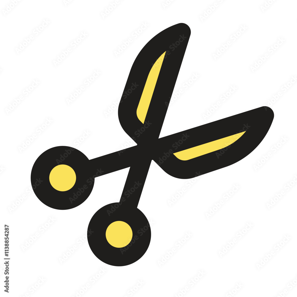 Poster a low resolution pixel art image depicting a pair of golden scissors against a dark grey background.