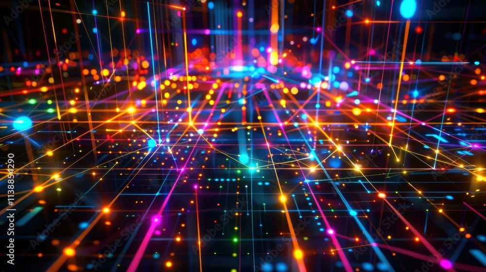 Poster abstract colorful glowing network, digital data flow.