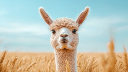 Obraz premium Close-up of a fluffy white alpaca in a wheat field.