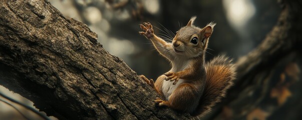 Obraz premium Playful squirrel perched on tree branch, intricate fur pattern, detailed paw position, natural forest setting