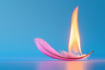 Fototapeta premium Pink feather burning with a flame on a blue background, symbolizing fragility, transformation, and resilience.