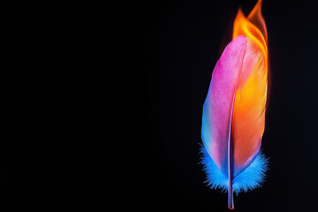 Brightly colored feather burning with an intense flame, creating a vibrant contrast against a dark background.