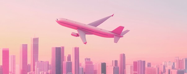 Travel airplane concept. minimalist airplane design soaring above pink city skyline