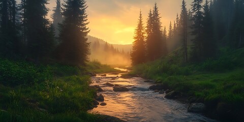 Forest landscape with a passing river through trees under cloudy sky in the morning