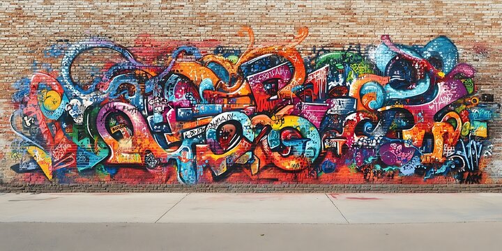 Graffiti painted wall with colorful random letters and number crowd design, street stylish artwork