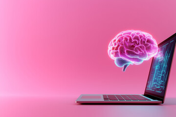 Futuristic 3D glowing neon brain emerge from a laptop screen displaying data, symbolizing artificial intelligence, innovation, and technology.