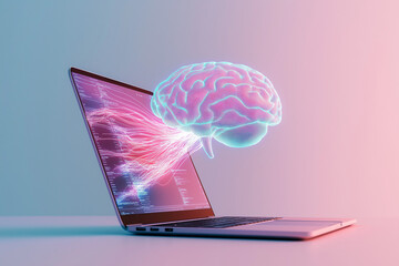 Glowing brain is connected with coding lines coming out of a laptop screen, a concept of artificial intelligence and machine learning.