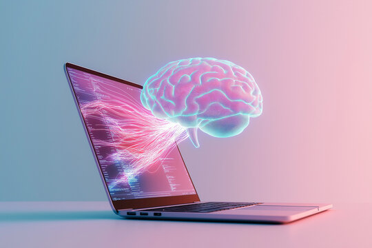 Glowing brain is connected with coding lines coming out of a laptop screen, a concept of artificial intelligence and machine learning.