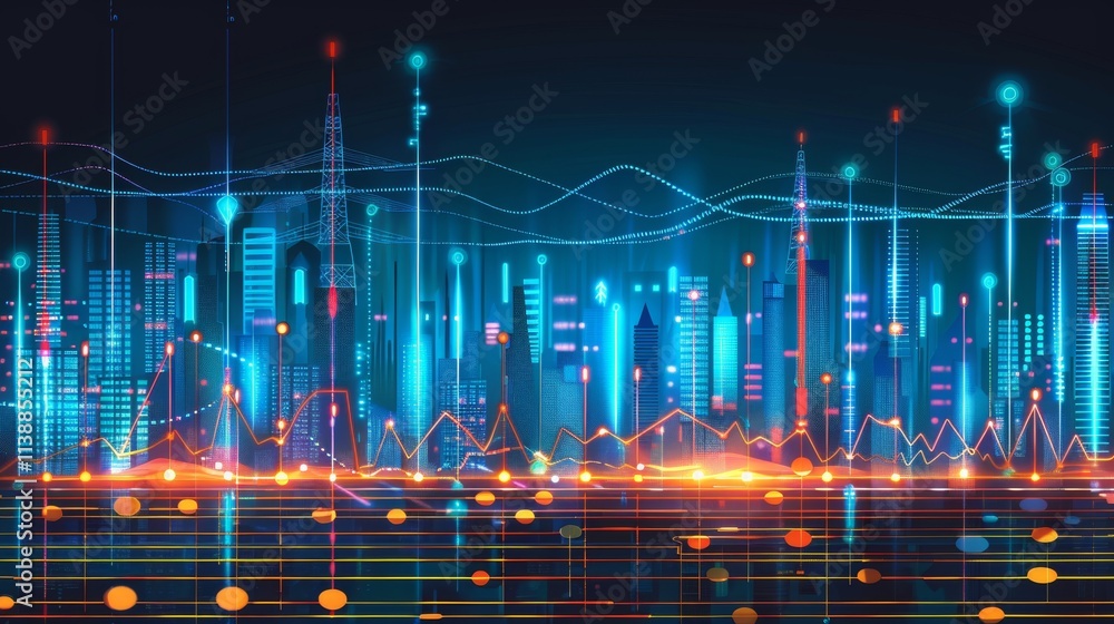 Poster dynamic stock market graph with accordion style and electric power line background design