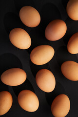 Chicken eggs on black background. View from the top