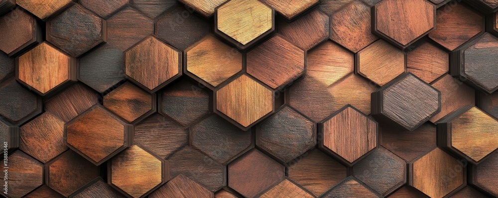 Poster timber tiles arranged to create a wood wall. natural background formed from hexagonal blocks.