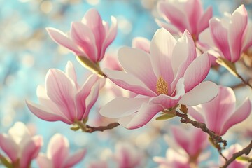 Pink magnolia blooms on branch against blue sky