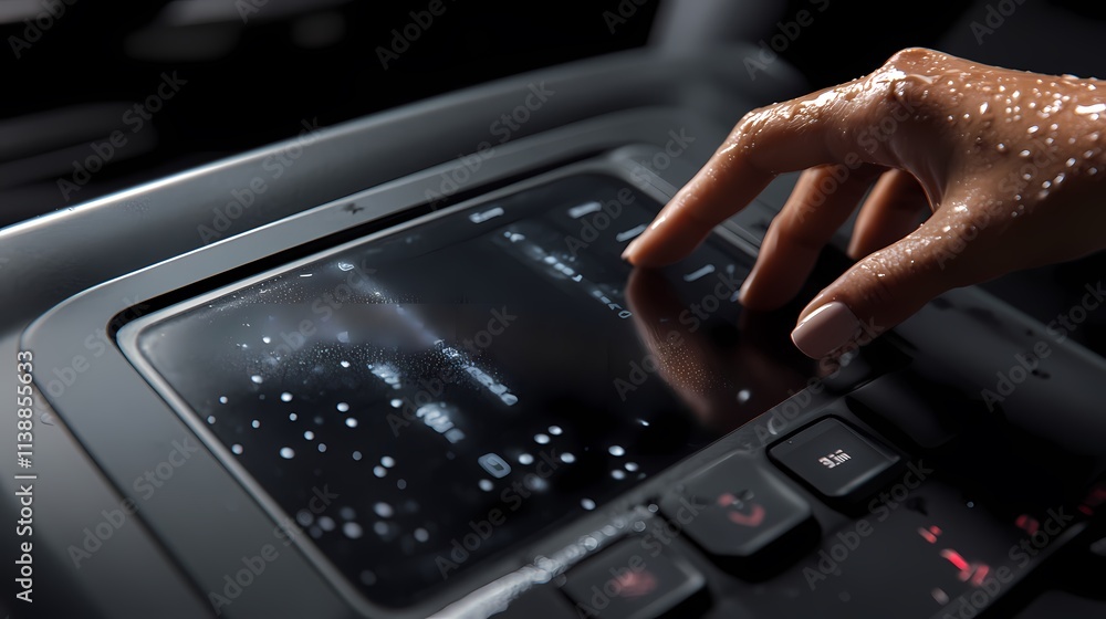 Poster close-up of a hand interacting with a futuristic car's touchscreen interface.