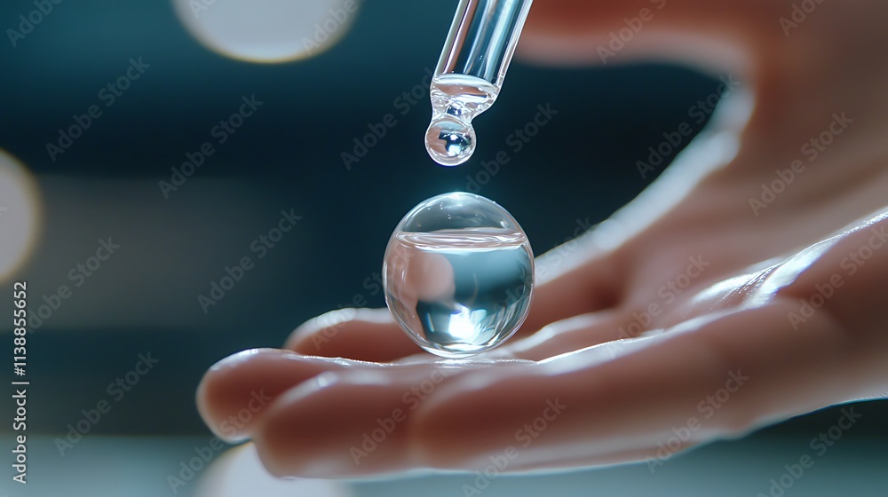 Poster close-up of a hand holding a transparent sphere with liquid, a dropper adding more liquid.