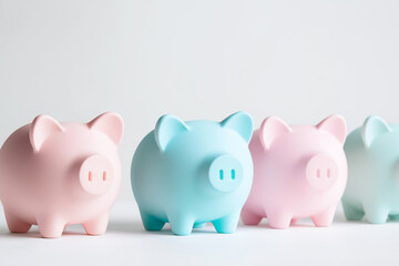 Four pastel piggy banks are standing in a row, symbolizing savings, investment, and financial planning. Space for text.