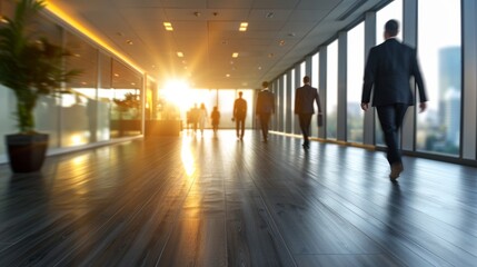 Dynamic office environment  professionals in motion within a contemporary business workspace