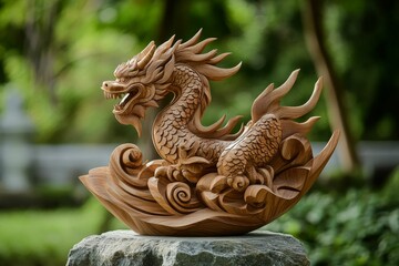 Fototapeta premium Intricate wooden dragon carving, waves, stone base.