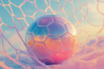 Fototapeta premium Soccer ball entering goal at sunset: scoring the winning goal in a dramatic soccer match.