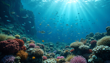 Obraz premium Colorful coral reef teeming with diverse fish and marine life in a tranquil underwater environment, Coral reef with fish, World Wildlife Day