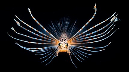 Obraz premium Close-up of a lionfish with its fins fully extended against a black background.