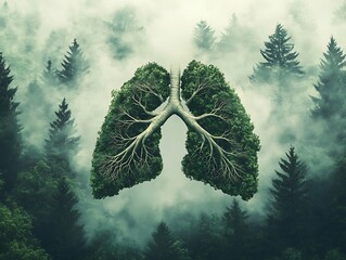 Trees and plant leaves shaped as lungs with background of fog and cloud between trees, concept of fresh clean air and forests as lungs of the planet, green environment