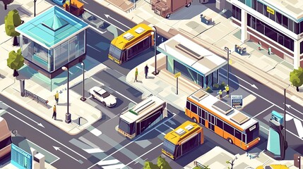 Isometric city street view with buses, pedestrians, and bus stops.