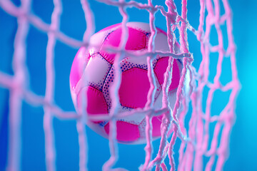 Close-up of a pink soccer ball hitting the net after scoring a goal, celebrating victory under clear blue sky. Dynamic sporting moment.