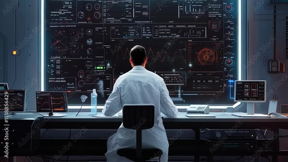 Poster scientist sitting in a laboratory utilizes a futuristic computer and a large transparent screen to d