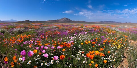 Beautiful landscape of flowers plane under blue sky clouds and mountains far away